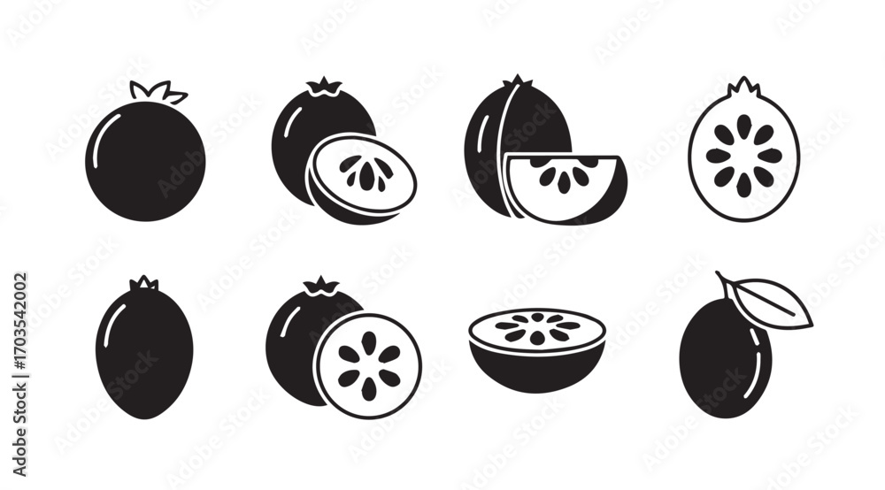Naklejka premium Collection of feijoa fruit illustrations in a distinctive silhouette style