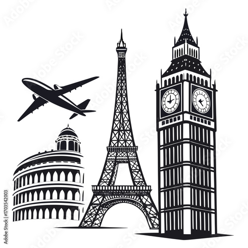 Airplane flying over colosseum eiffel tower and big ben in black and white silhouette travel destinations created with generated ai