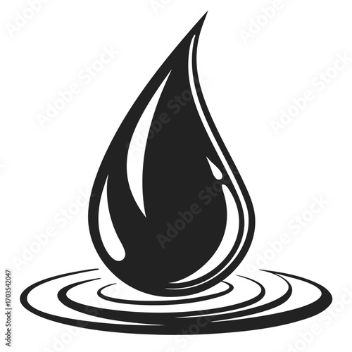 Illustration of a single black droplet falling into water creating ripples in a monochrome design style created with generated ai