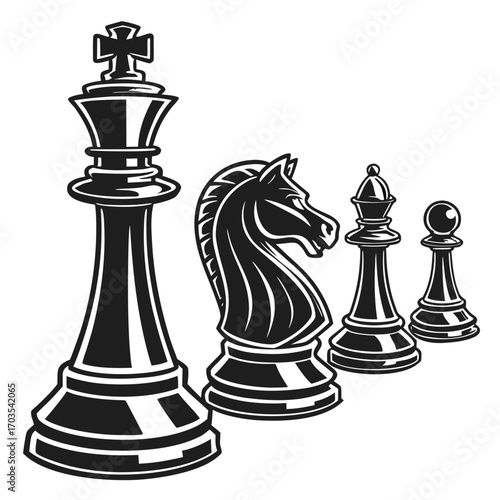 Illustration of a king, knight, bishop, and pawn chess pieces in black and white monochrome style created with generated ai