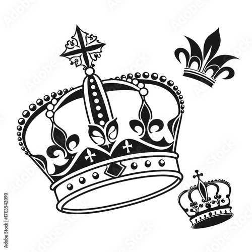 Three crowns in black and white with different designs and sizes on a white background royalty theme created with generated ai