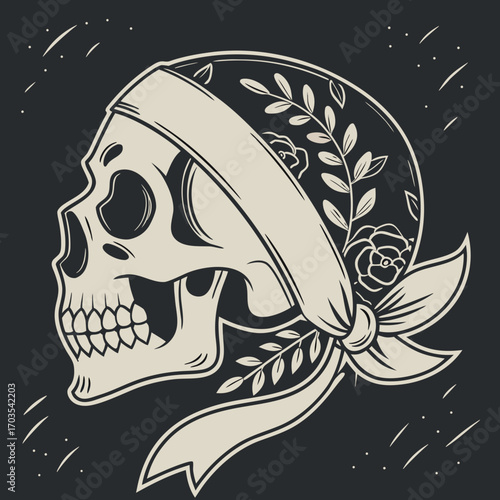 Skull with bandana decorated with flowers and leaves on a dark background with white lines and dots created with generated ai