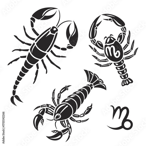 Three stylized scorpions in black and white with a capricorn symbol on a white background design created with generated ai