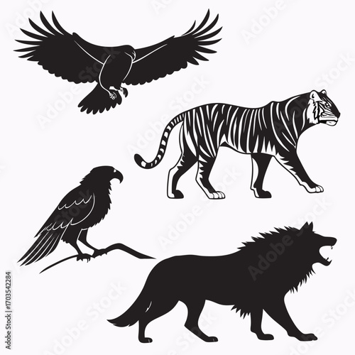 Silhouette illustration featuring a flying eagle, perched hawk, tiger, and a roaring wolf in black created with generated ai