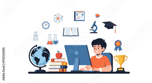Young boy learning online with educational icons and symbols surrounding him.