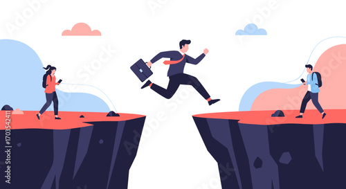 Businessman jumping over a gap between cliffs with colleagues watching.
