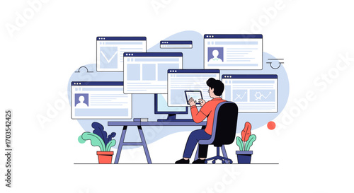 Man Working on Computer with Multiple Screens and Tabs Open.