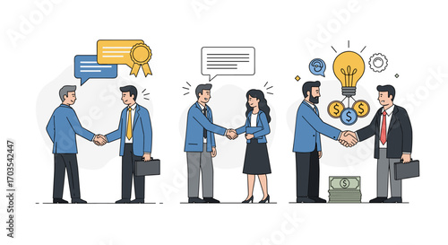 Businessmen shaking hands in agreement and partnership illustrations.