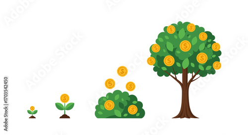 Money Tree Growth Stages Showing Financial Investment Success.