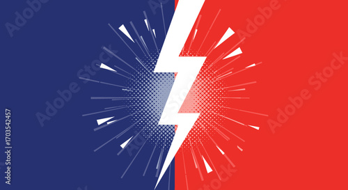 Lightning Bolt Dividing Red and Blue Background.