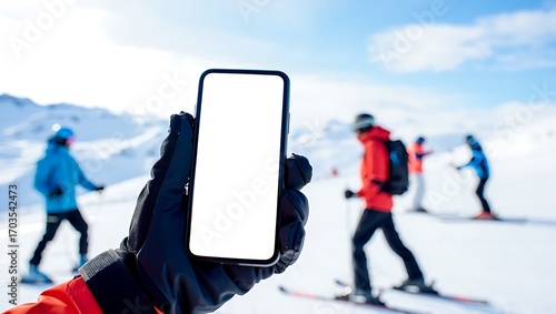 Blank smartphone screen held in gloved hand, skiers in snowy mountains background.