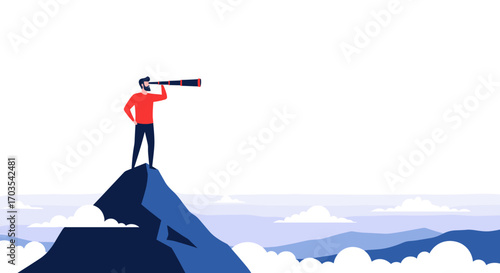 Man on mountain peak with telescope looking into distance.