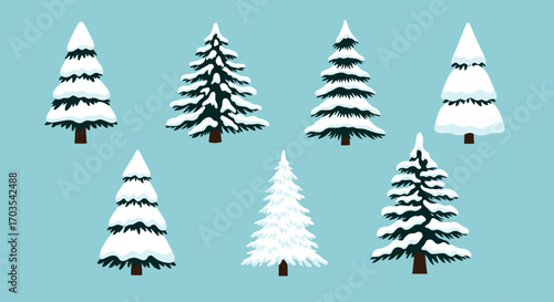 Collection of Snow Covered Pine Trees in Winter.