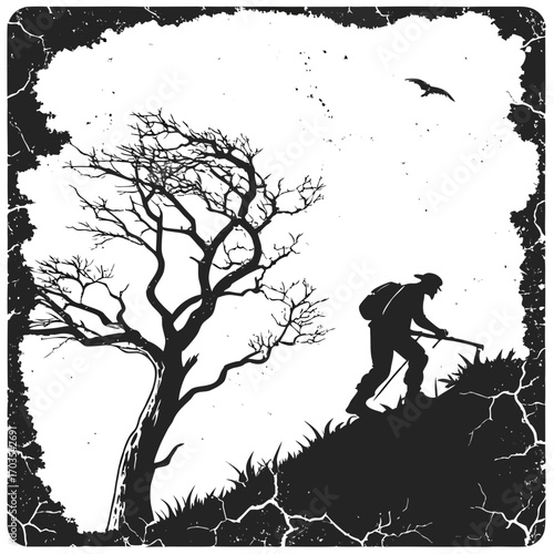 Silhouette of a hiker climbing a grassy hill with a tree and a bird in a distressed frame design created with generated ai