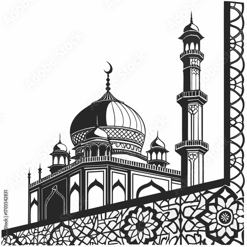 Illustration of a detailed mosque with a crescent moon and intricate border design in black and white style created with generated ai