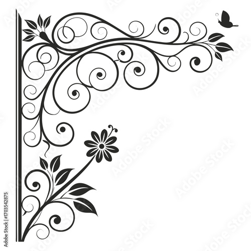 Elegant corner design with floral elements swirls and butterfly in black and white illustration style created with generated ai