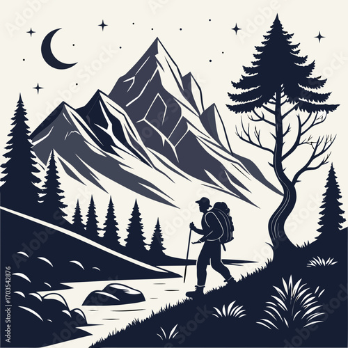 Silhouette of a hiker with backpack walking near a river under a crescent moon and starry night landscape created with generated ai