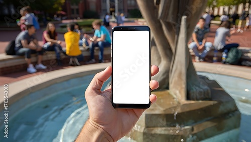 A person holds a smartphone with a blank white screen in front of a campus fountain with students in the background.