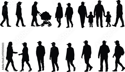 Silhouettes of people walking, family with children, baby stroller, casual urban pedestrians, diverse group, outdoor activity, communication, city lifestyle, street scene