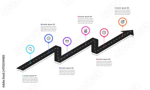 Business road map timeline infographic arrow concept. with icons and 6 steps, Corporate milestones graphic elements. workflow layout, diagram, report, web design. Creative, Vector illustration.