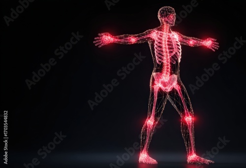 3D anatomical illustration of a human body with highlighted skeletal joints