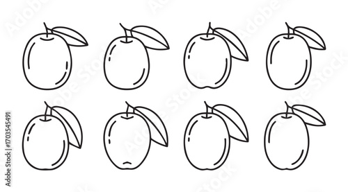 Collection of simple outline drawings of plums with leaves silhouette