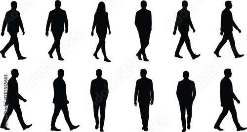 Silhouettes of walking people, business professionals walking, male and female figures, black silhouettes, urban lifestyle, casual walking poses, side view