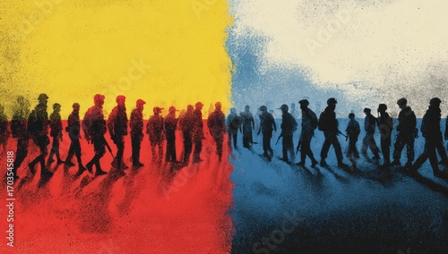 Divided groups marching, two-tone background