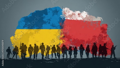 Silhouettes of soldiers stand between blended Ukrainian and Polish flags