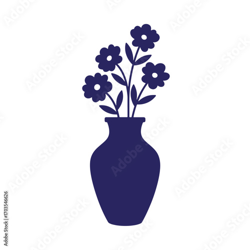 Simple elegant illustration of a vase with flowers in navy blue color on white background