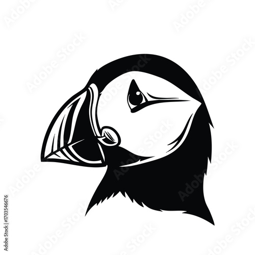 Black and white illustration of a puffin bird head profile.