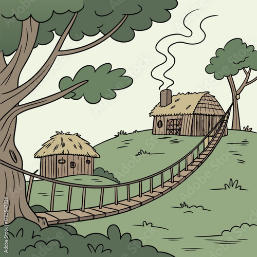 Minimilist illustration showing two thatched huts connected by a rope bridge in a whimsical landscape scene vector