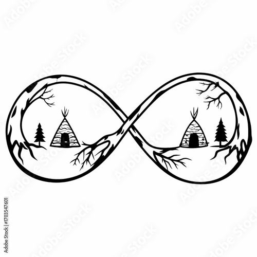 Minimilist infinity symbol with trees teepees and branches in a black and white graphic design illustration art vector