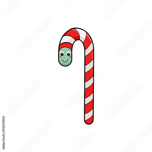 Cartoon candy cane with a smiling face art on transparent background