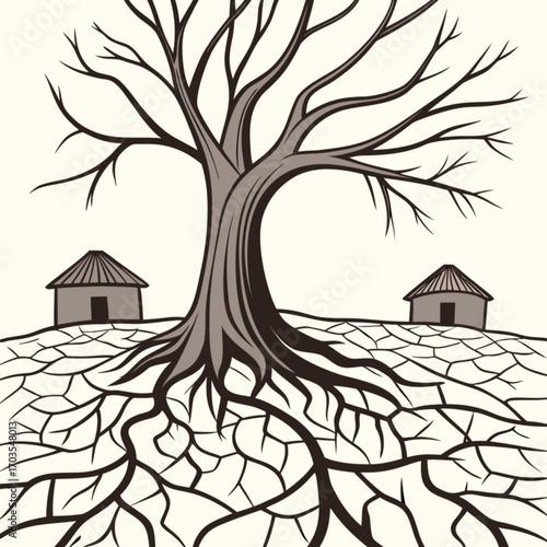 Minimilist illustration of a barren tree with exposed roots and two small huts in a cracked landscape design vector
