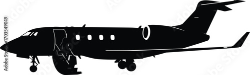 Silhouette of private jet airplane with passenger boarding stairs down, luxury travel concept, business aviation vector art, side view.