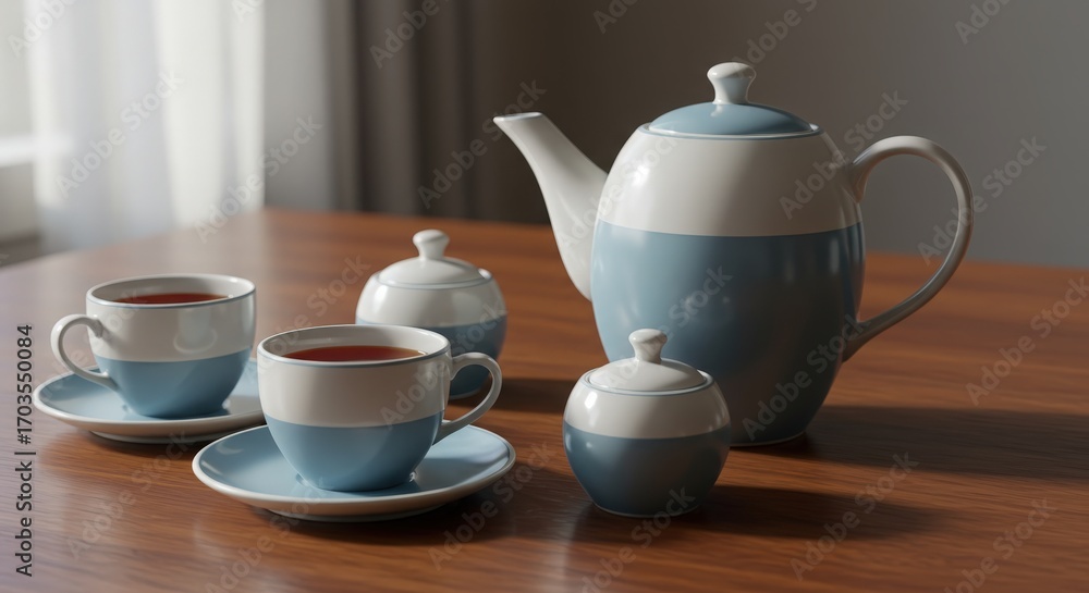 Fototapeta premium Elegant Tea Set with Teapot and Cups on a Wooden Table Surface