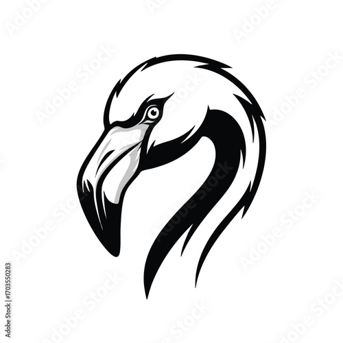 Elegant Flamingo Head Illustration in Black and White, Bird Portrait.