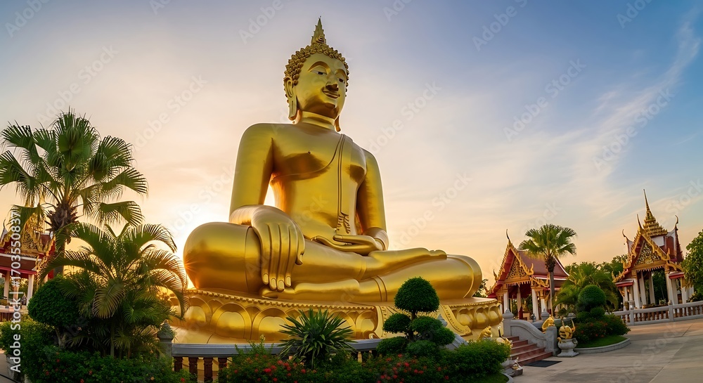 Obraz premium Majestic Golden Buddha Statue at Sunset.