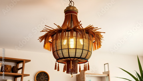 African-inspired chandelier crafted with natural materials, tribal patterns, cultural rustic interior design 2