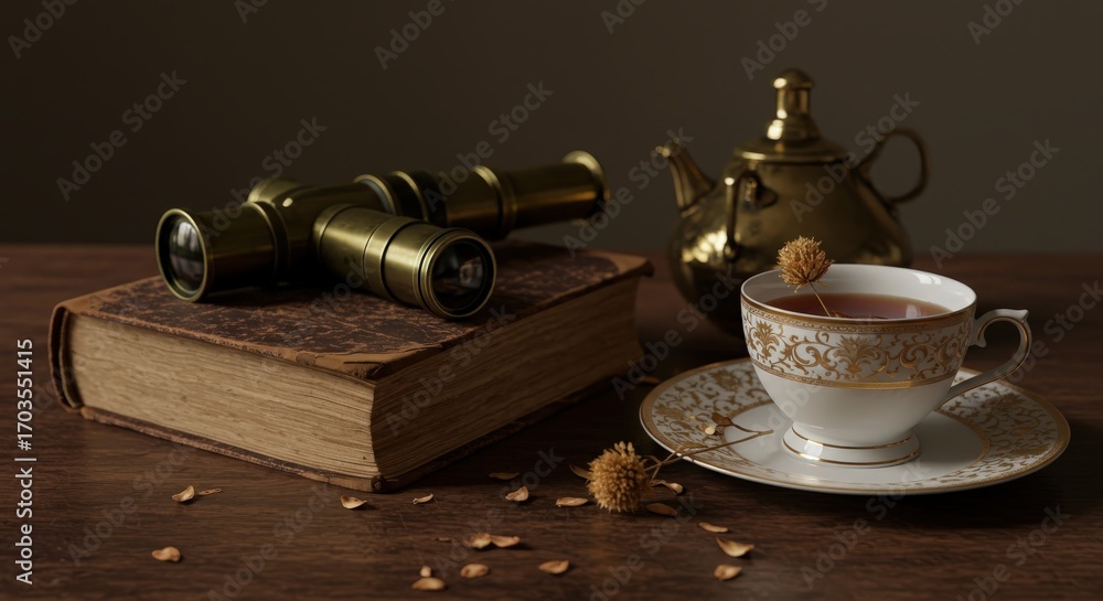 Naklejka premium Vintage Tea Time with Binoculars and Antique Book on Wooden Table