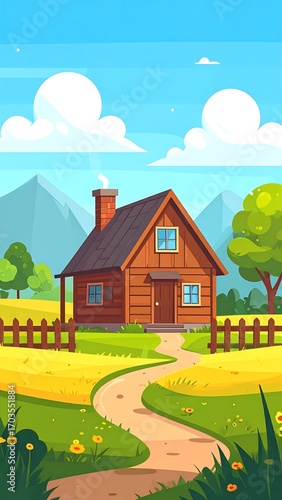 Cartoon wooden house in a sunny landscape