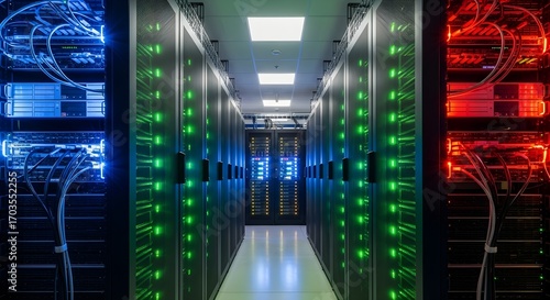 Modern Data Center with Glowing Server Racks