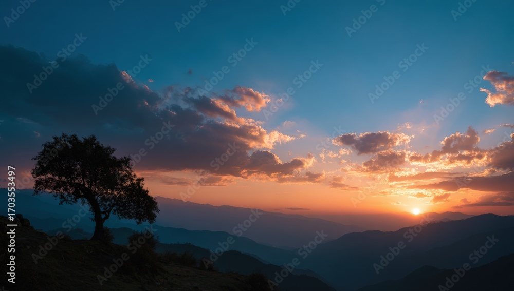 Naklejka premium Panoramic sunset over mountains with a solitary tree