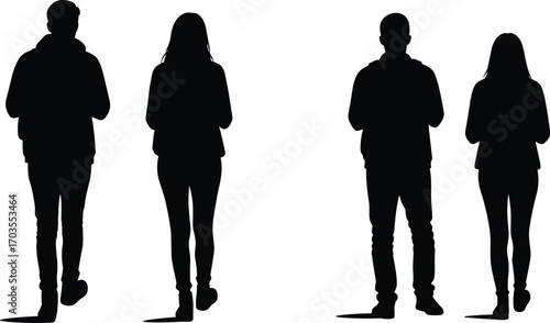 Silhouette man woman walking, casual outfit, back view, standing together, isolated white background, couple shadow, people walk, street scene