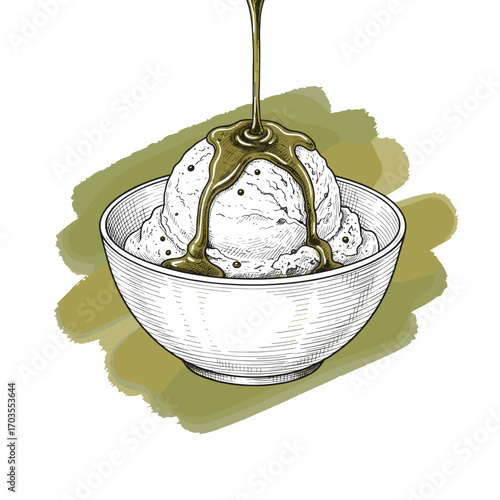 Round ice cream in bowl drizzled with olive oil, hand-drawn engraving sketch style, vector illustration



