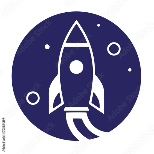 Simple white rocket ship inside a dark blue circle signifying space and exploration