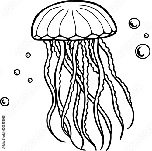 A colorful cartoon vector illustration of an octopus under a mushroom umbrella against an abstract floral background