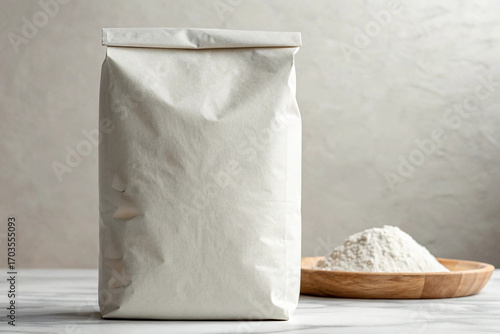 Blank Paper Bag with Flour on a Table