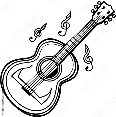 An illustration of an electric guitar and musical notes is isolated on a white background, capturing the essence of rock and jazz music